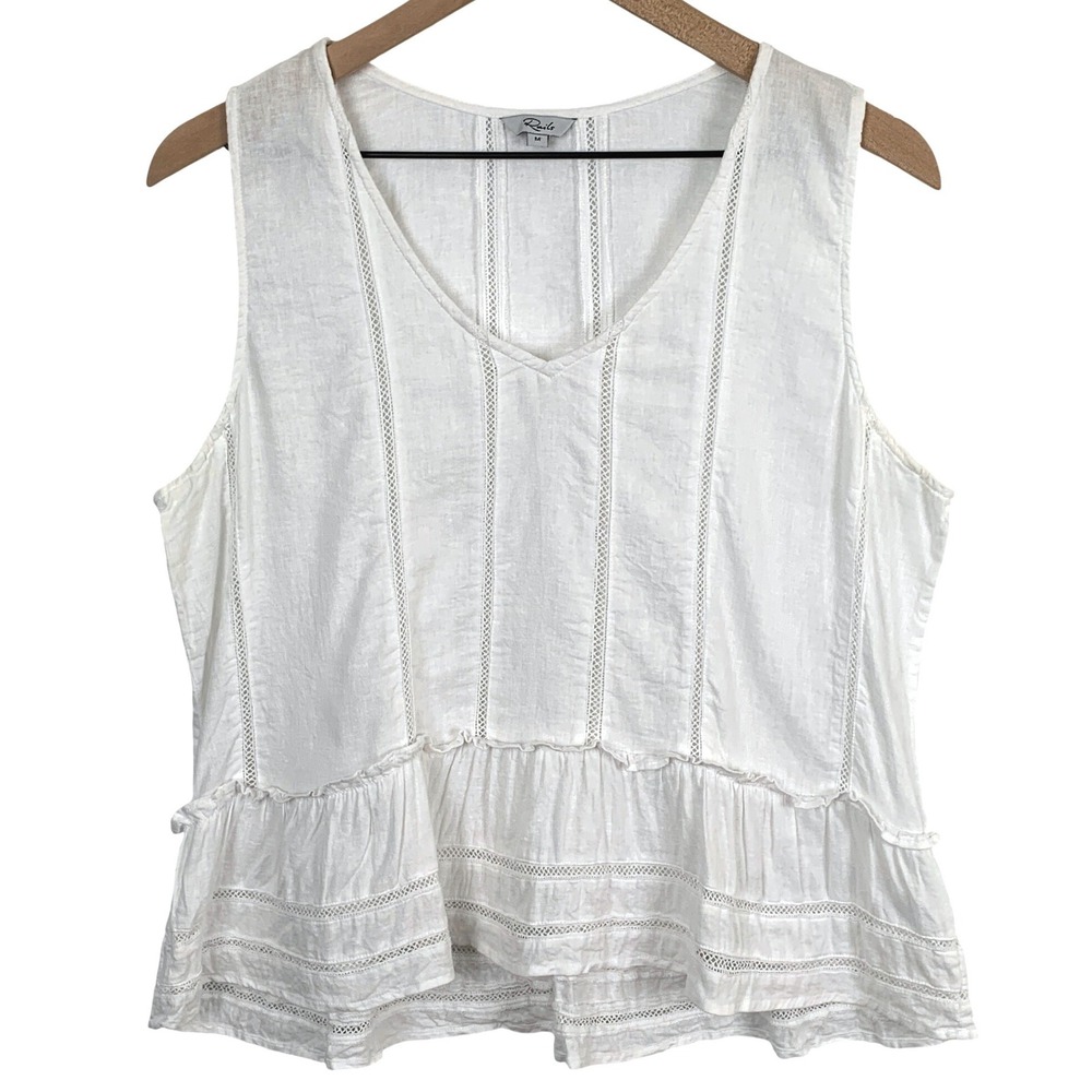 Rails Mira White Linen Blend Lace Detail Peplum Tank Top 200-734-1257 Medium